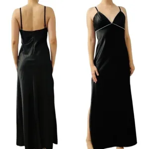 Vintage Formal Dress Long Black A-line Satin Beaded Minimalist 90s Sexy Medium