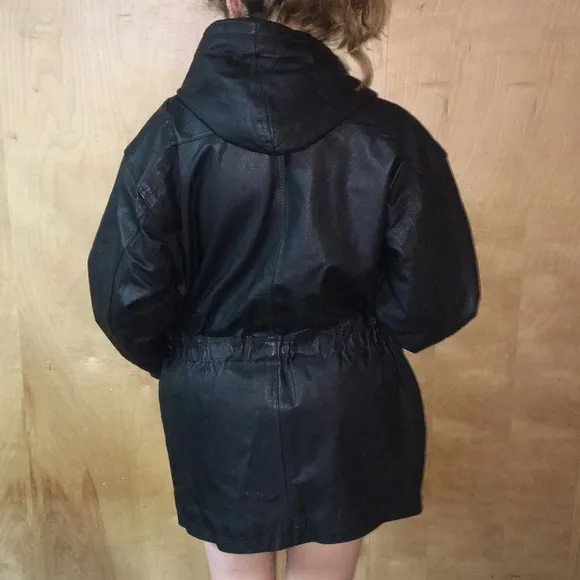 Vintage Hooded Leather Drawstring Coat M