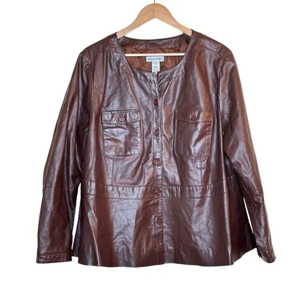 Vintage Jessica London Womens Jacket Sz 18 Leather‎ Button Up Classic Minimalist
