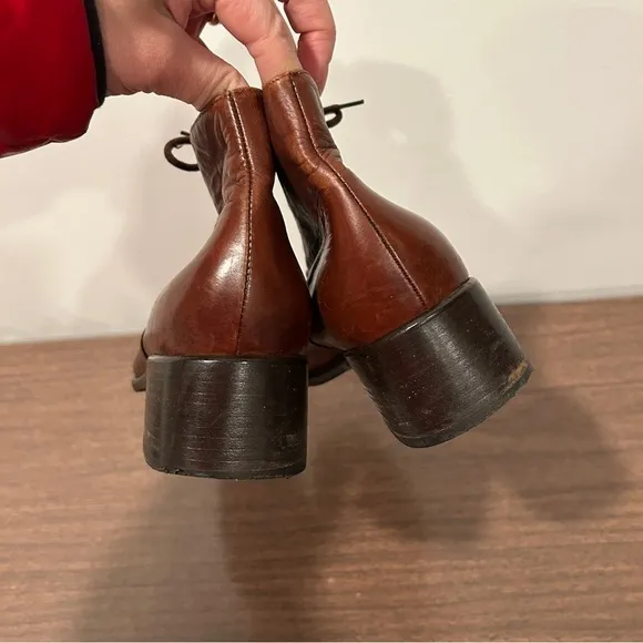 Vintage Leather Granny Boots Brown Lace Up Heeled Ankle Size 10