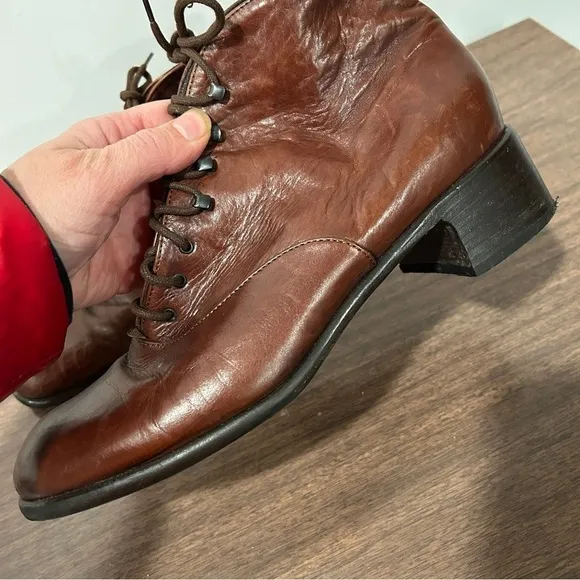 Vintage Leather Granny Boots Brown Lace Up Heeled Ankle Size 10