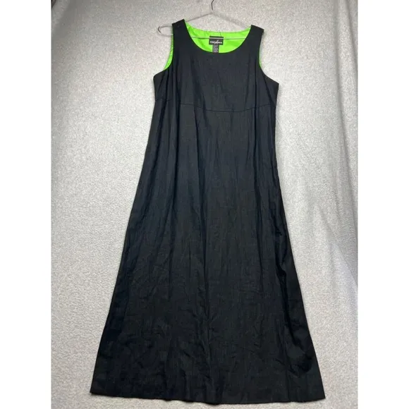Vintage Linen Maxi Shift Dress Womens 16 Black Minimalist Sleeveless Casual
