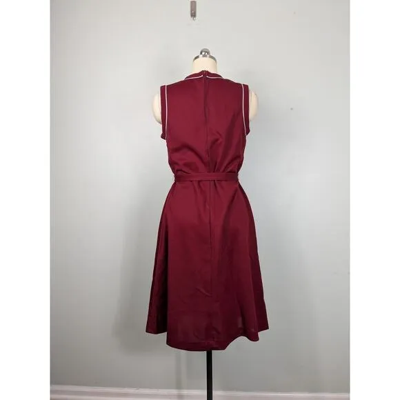 Vintage Midi Dress L 60s 70s Maroon Red Belted Tennis Preppy Minimalist Stripe