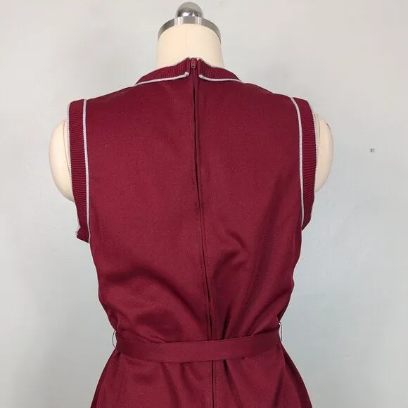 Vintage Midi Dress L 60s 70s Maroon Red Belted Tennis Preppy Minimalist Stripe