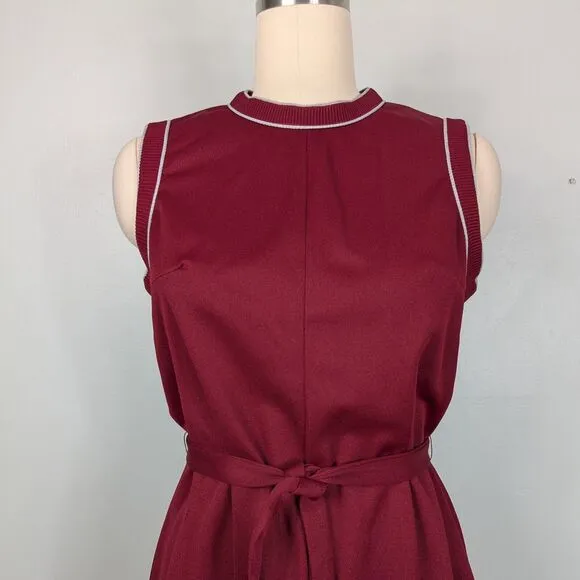 Vintage Midi Dress L 60s 70s Maroon Red Belted Tennis Preppy Minimalist Stripe