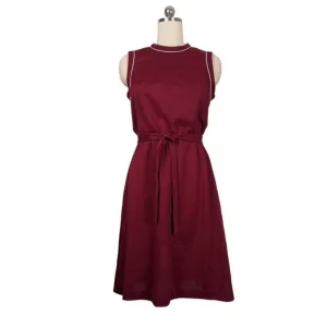 Vintage Midi Dress L 60s 70s Maroon Red Belted Tennis Preppy Minimalist Stripe