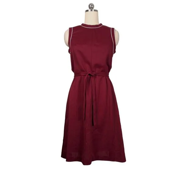 Vintage Midi Dress L 60s 70s Maroon Red Belted Tennis Preppy Minimalist Stripe