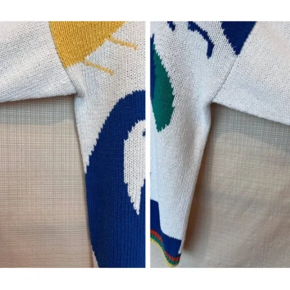 VINTAGE Nautical Novelty Sweater Handknit Beach Scene Coastal Cool Prepp…