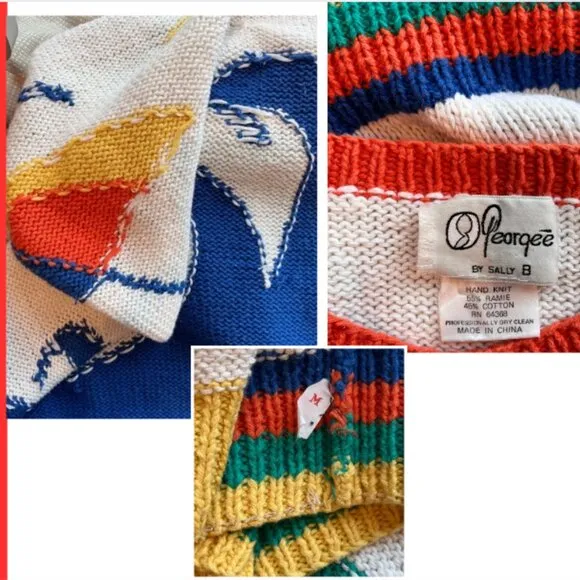 VINTAGE Nautical Novelty Sweater Handknit Beach Scene Coastal Cool Prepp…