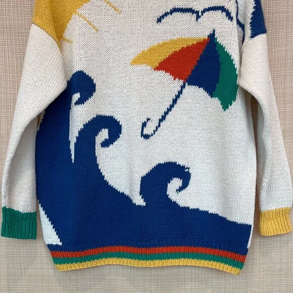 VINTAGE Nautical Novelty Sweater Handknit Beach Scene Coastal Cool Prepp…