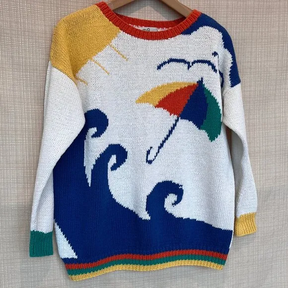 VINTAGE Nautical Novelty Sweater Handknit Beach Scene Coastal Cool Prepp…