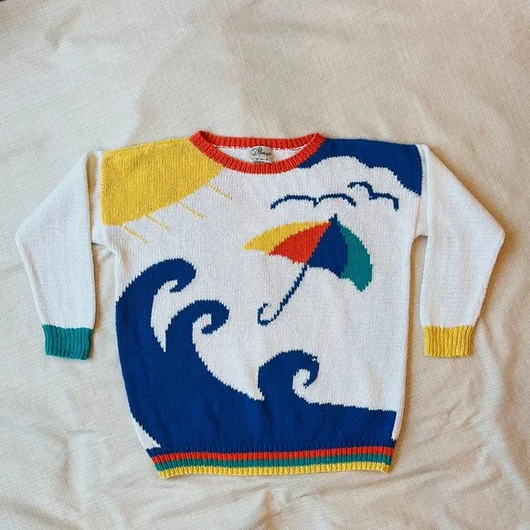 VINTAGE Nautical Novelty Sweater Handknit Beach Scene Coastal Cool Prepp…