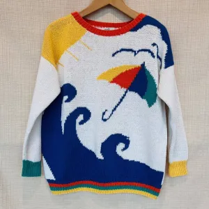 VINTAGE Nautical Novelty Sweater Handknit Beach Scene Coastal Cool Prepp…