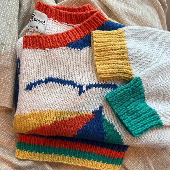 VINTAGE Nautical Novelty Sweater Handknit Beach Scene Coastal Cool Prepp…