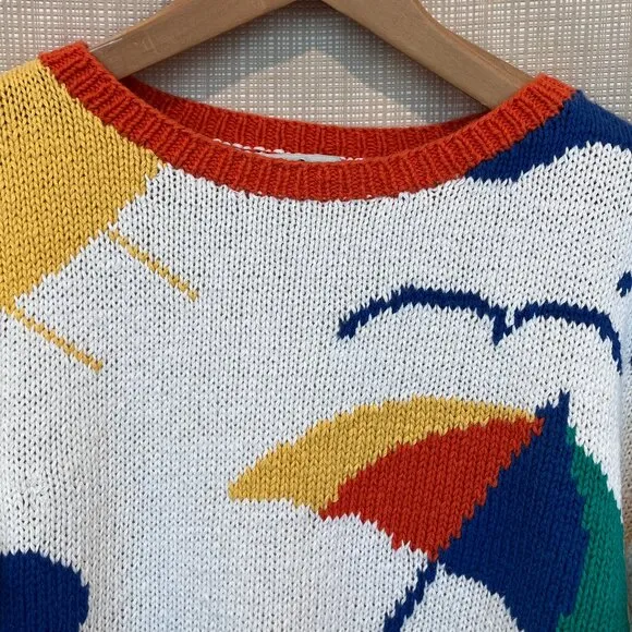 VINTAGE Nautical Novelty Sweater Handknit Beach Scene Coastal Cool Prepp…