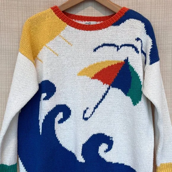 VINTAGE Nautical Novelty Sweater Handknit Beach Scene Coastal Cool Prepp…