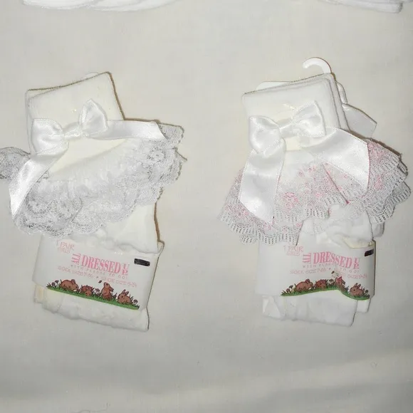 Vintage Rare 2 Pairs Fancy Dressy Bow White Pink Lace Socks