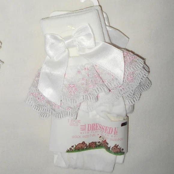 Vintage Rare 2 Pairs Fancy Dressy Bow White Pink Lace Socks