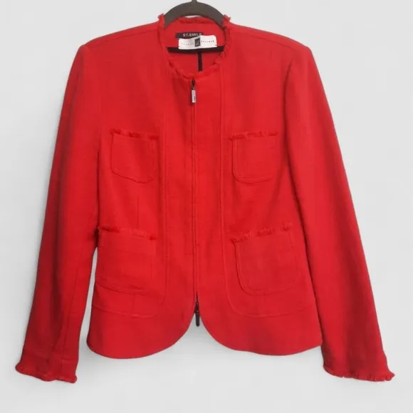 Vintage ST. EMILE for HARRIET KASSMAN Red Jacket Blazer Zip Fringe Patch Pocket