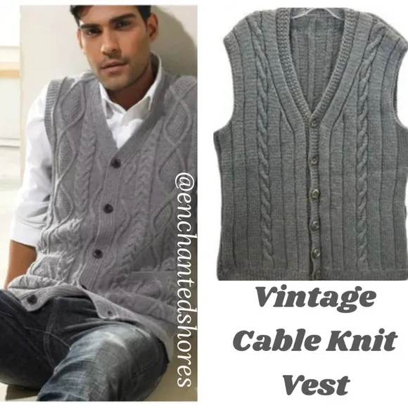 Vintage Sweater Vest Button Front Classic Boyfriend Cable Knit Size Large XLarge