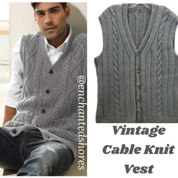 Vintage Sweater Vest Button Front Classic Boyfriend Cable Knit Size Large XLarge