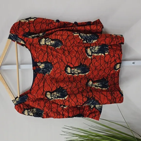 Vintage Wax Print Red and Blue Chicken Puff Sleeve Top &amp; Maxi Trumpet Skirt Set