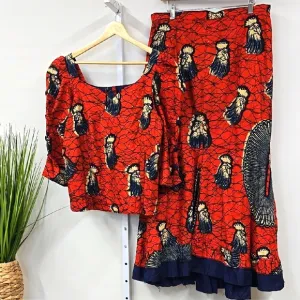 Vintage Wax Print Red and Blue Chicken Puff Sleeve Top &amp; Maxi Trumpet Skirt Set
