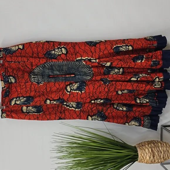 Vintage Wax Print Red and Blue Chicken Puff Sleeve Top &amp; Maxi Trumpet Skirt Set