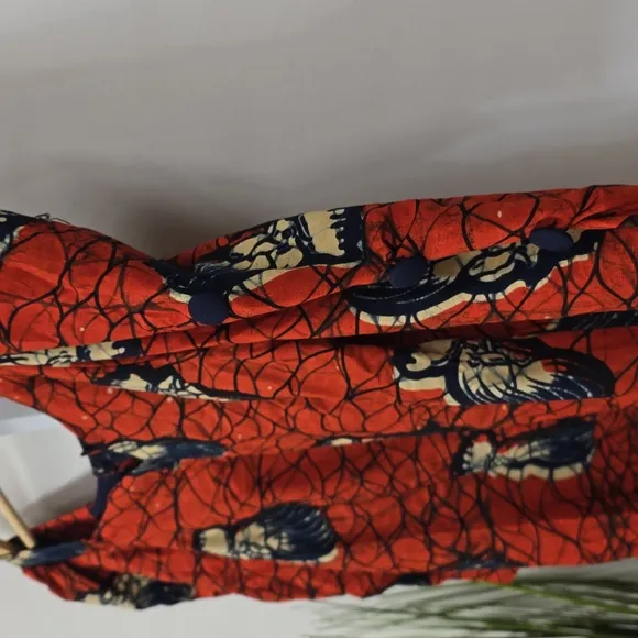 Vintage Wax Print Red and Blue Chicken Puff Sleeve Top &amp; Maxi Trumpet Skirt Set