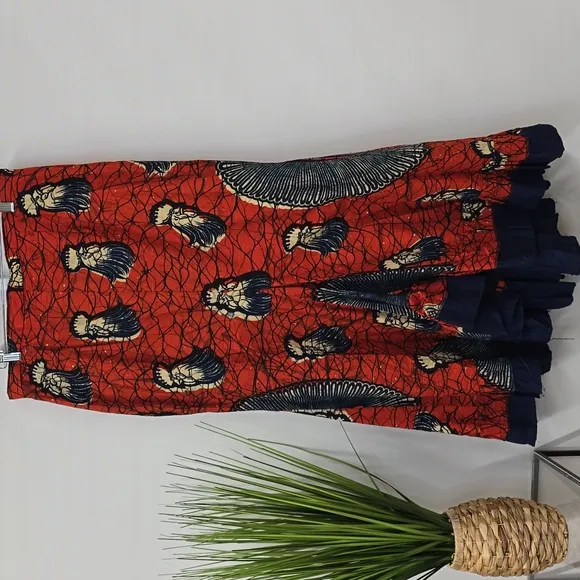 Vintage Wax Print Red and Blue Chicken Puff Sleeve Top &amp; Maxi Trumpet Skirt Set
