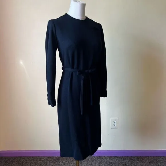 Vintage 1960s Black Knit Dress Long Sleeve Belted Midi Classic Mod Minimalist S