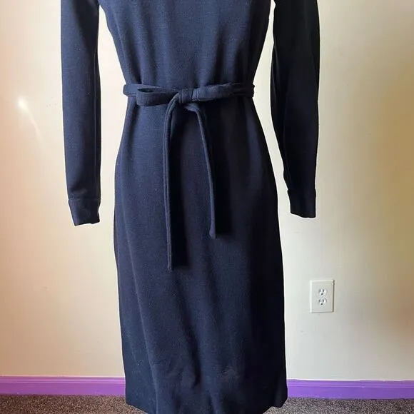 Vintage 1960s Black Knit Dress Long Sleeve Belted Midi Classic Mod Minimalist S