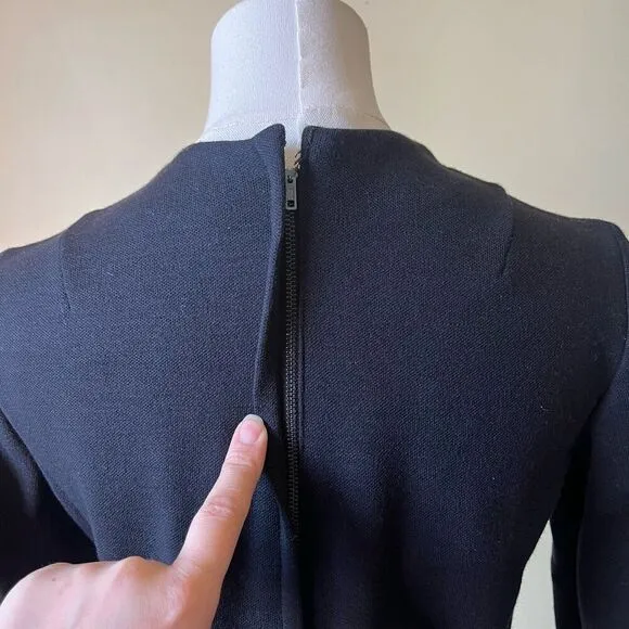 Vintage 1960s Black Knit Dress Long Sleeve Belted Midi Classic Mod Minimalist S