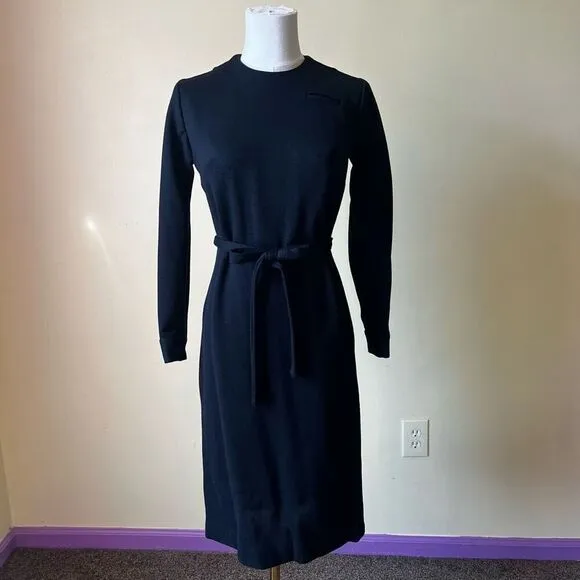 Vintage 1960s Black Knit Dress Long Sleeve Belted Midi Classic Mod Minimalist S