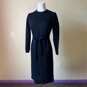 Vintage 1960s Black Knit Dress Long Sleeve Belted Midi Classic Mod Minimalist S