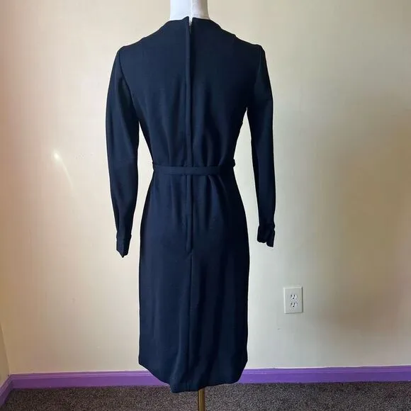 Vintage 1960s Black Knit Dress Long Sleeve Belted Midi Classic Mod Minimalist S