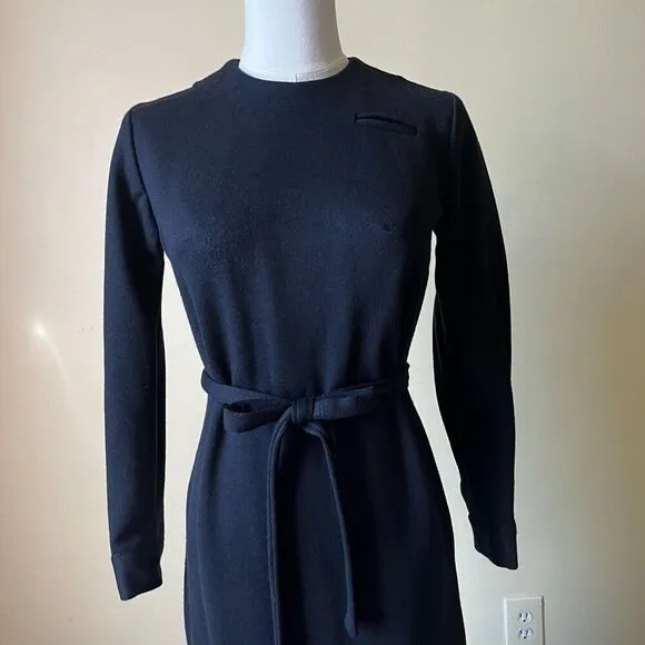 Vintage 1960s Black Knit Dress Long Sleeve Belted Midi Classic Mod Minimalist S