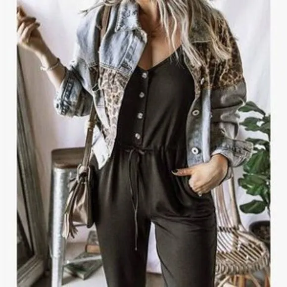 Vintage Button Down Leopard Patch Denim Jacket