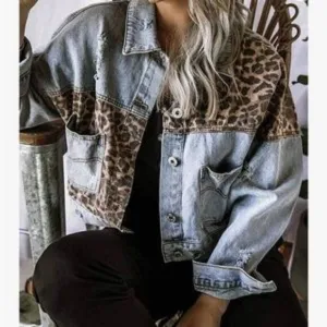 Vintage Button Down Leopard Patch Denim Jacket