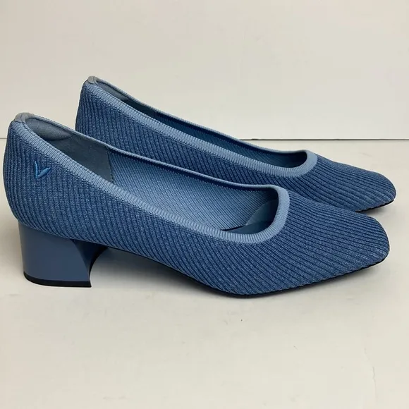 Vivaia Melody Pumps Blue Knit Fabric Square Toe Chunky Block Heel 39 8 Office