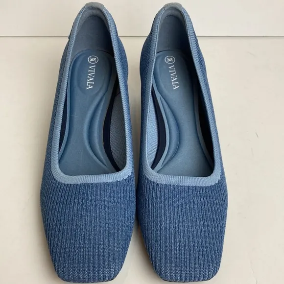 Vivaia Melody Pumps Blue Knit Fabric Square Toe Chunky Block Heel 39 8 Office