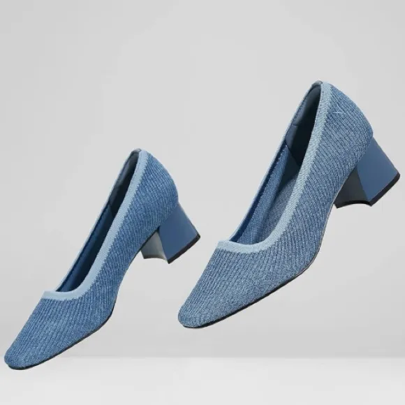 Vivaia Melody Pumps Blue Knit Fabric Square Toe Chunky Block Heel 39 8 Office