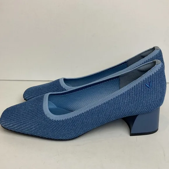 Vivaia Melody Pumps Blue Knit Fabric Square Toe Chunky Block Heel 39 8 Office