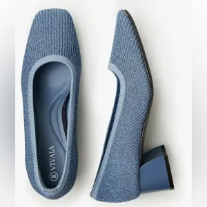 Vivaia Melody Pumps Blue Knit Fabric Square Toe Chunky Block Heel 39 8 Office
