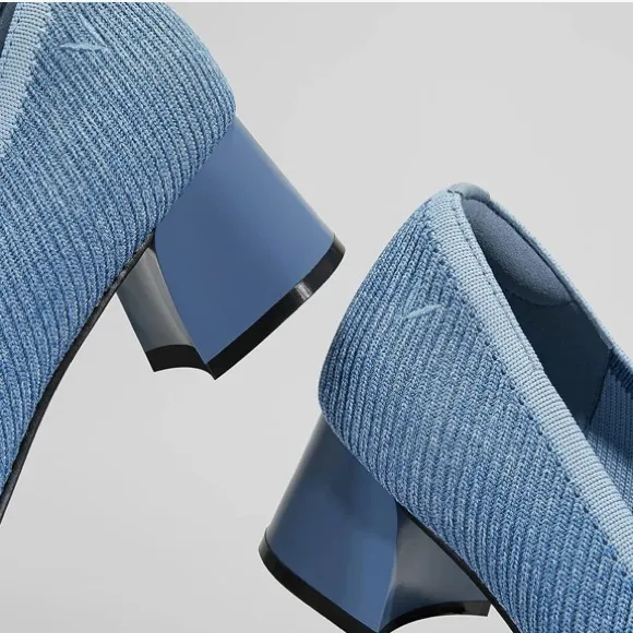 Vivaia Melody Pumps Blue Knit Fabric Square Toe Chunky Block Heel 39 8 Office