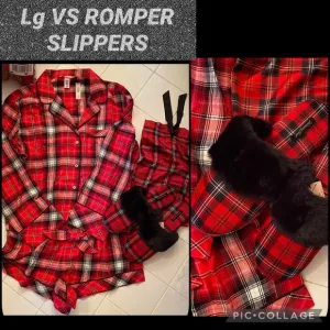 Vs flannel romper vs faux fur slippers &amp; bag plaid