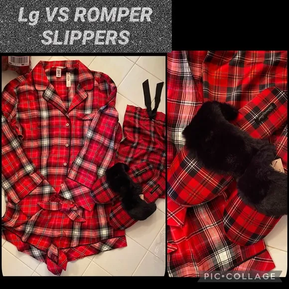 Vs flannel romper vs faux fur slippers &amp; bag plaid