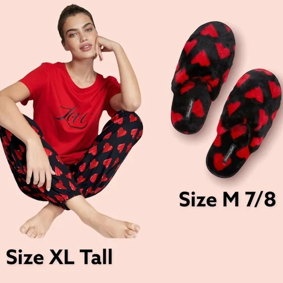 VS PLUSH RED &amp; BLACK HEARTS SLIPPERS &amp; pajama set