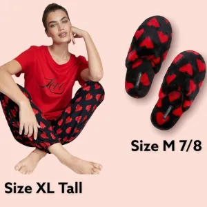VS PLUSH RED &amp; BLACK HEARTS SLIPPERS &amp; pajama set