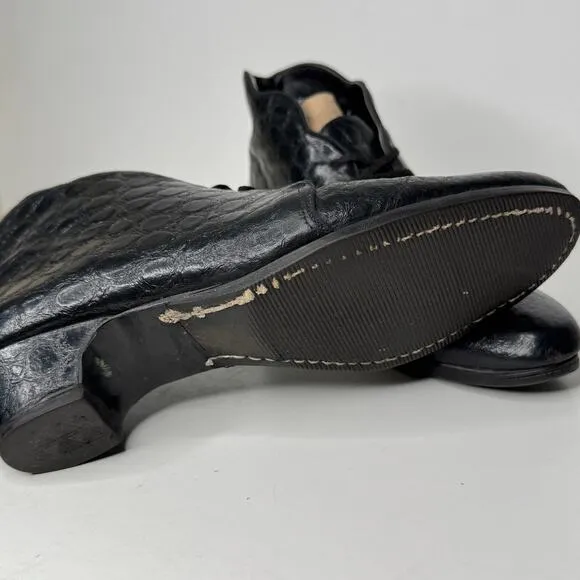 VTG 80s Kittens Boots Womens Size 7 4A Black Croc Leather Ankle Booties Lace Up